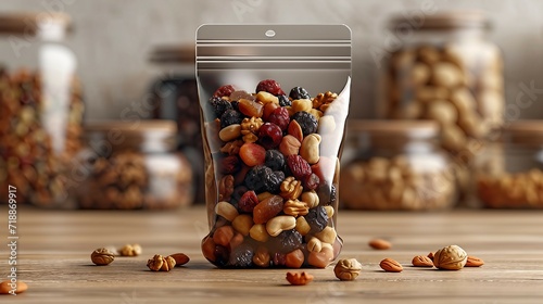 Pouch with fruit amp nut mix on light background. AI generate illustration photo