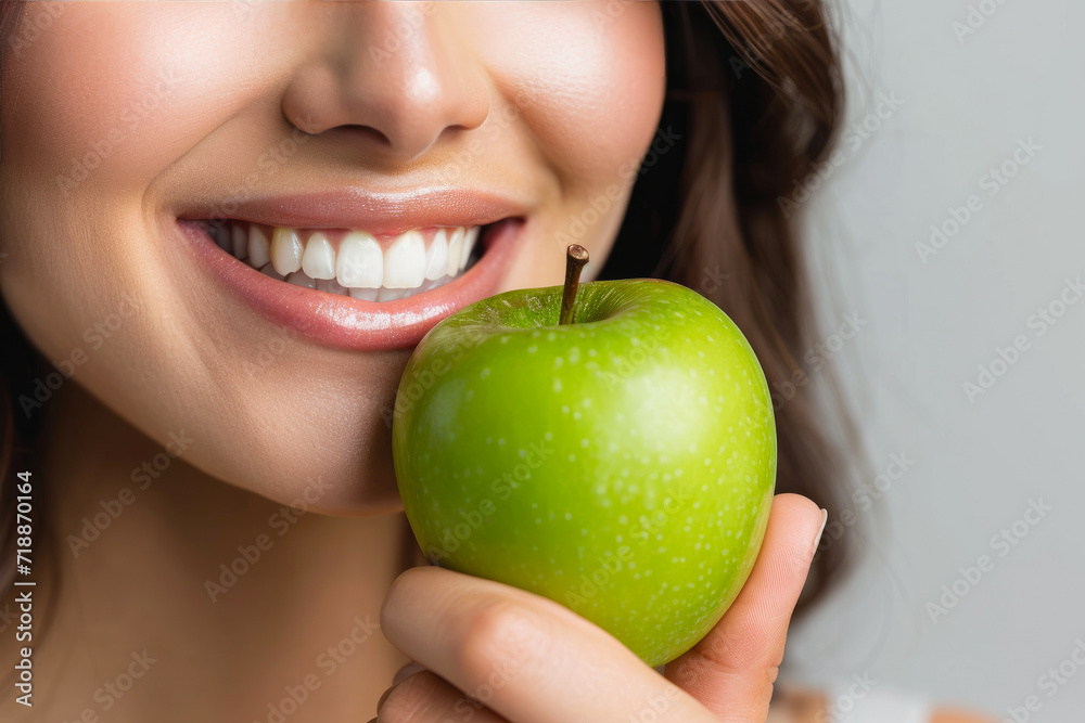 Radiant Smile: Woman Grasping Green Apple Radiant Smile: Woman Grasping Green Apple