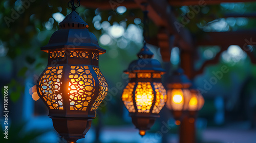 An arrangement of antique lanterns casting warm and inviting light, a twilight background