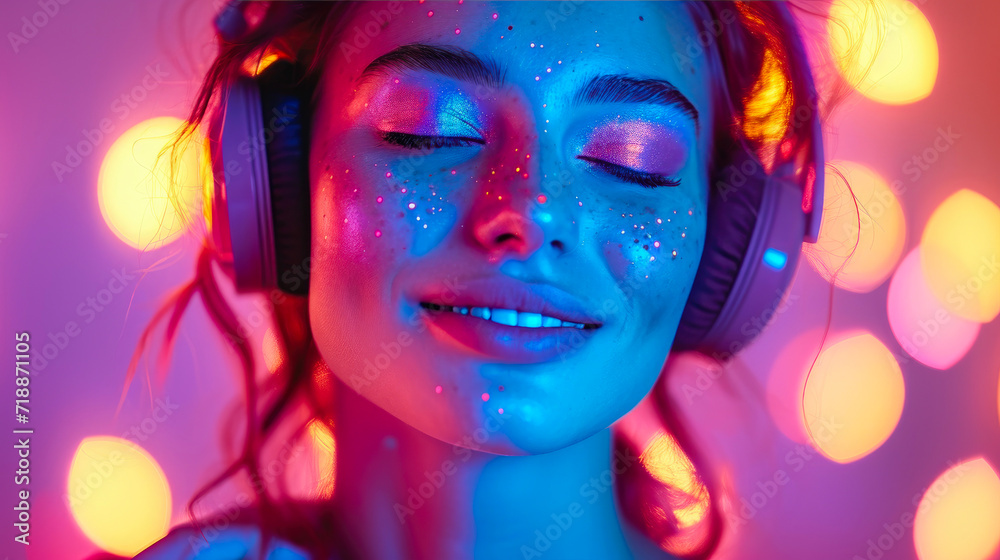 Joyful Woman with Headphones in Vibrant Close-Up Joyful Woman with Headphones in Vibrant Close-Up