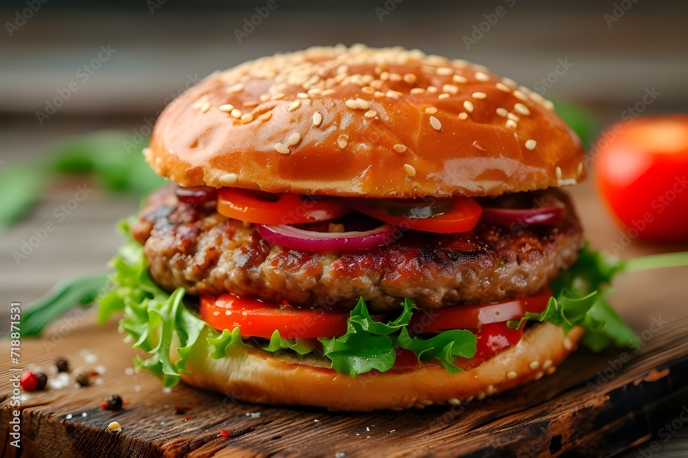 Delicious, juicy burger with cutlet, tomatoes, onions and herbs on a wooden board Delicious, juicy burger with cutlet, tomatoes, onions and herbs on a wooden board