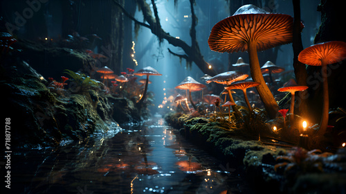 Mushrooms in the forest at night. 3d rendering.