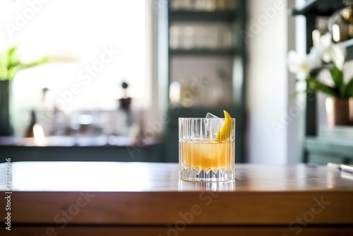 whiskey sour in a vintage crystal glass  modern bar setup