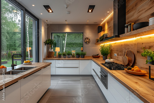 Warmly lit kitchen with natural wood decor, array of herbs, and sleek modern appliances, overlooking a lush garden.