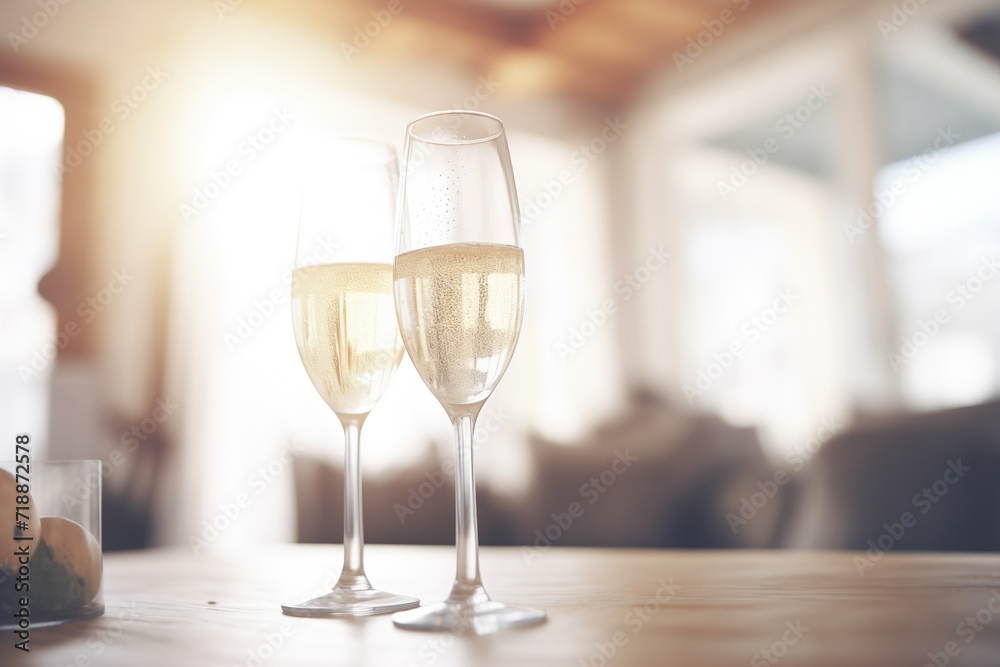 crystal white wine glasses clinking, bubbles visible