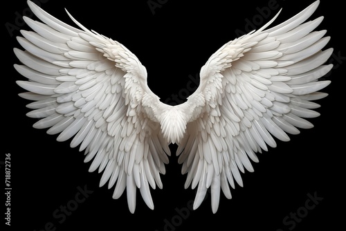 A pair of white fairy wings with soft feathers on a black background. generative AI photo