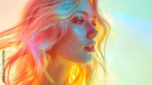 Вlonde woman with colorful hair in colorful light