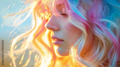 Pastel Dream - blonde woman with colorful hair in the sunlight