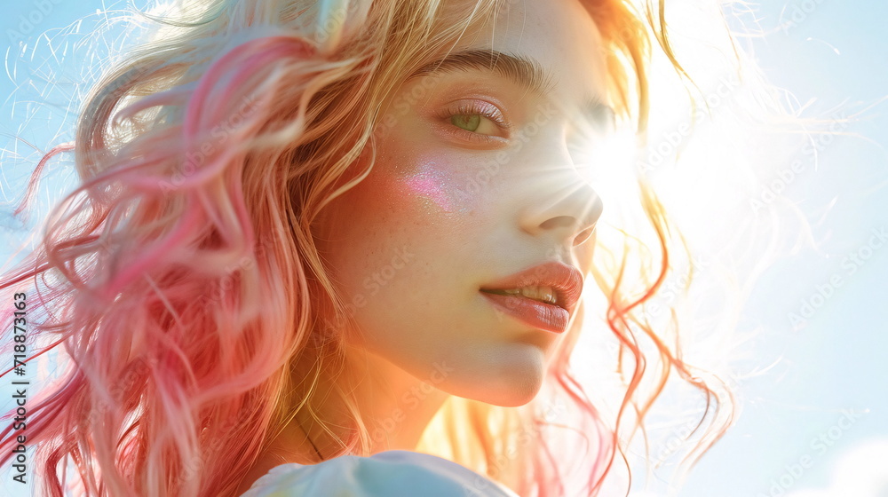 Pastel Dream - blonde woman with colorful hair in the sunlight