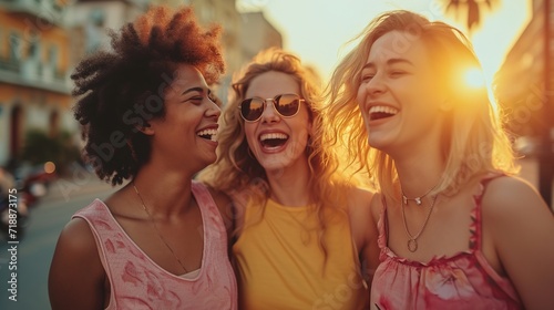 Happy girlfriends having fun laughing out loud on city street - Female community concept with cheerful girls standing together 