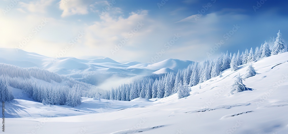 The view of the snowy forest is white and the sky is blue. generative AI The view of the snowy forest is white and the sky is blue. generative AI