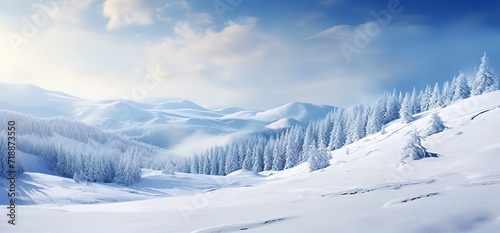 The view of the snowy forest is white and the sky is blue. generative AI