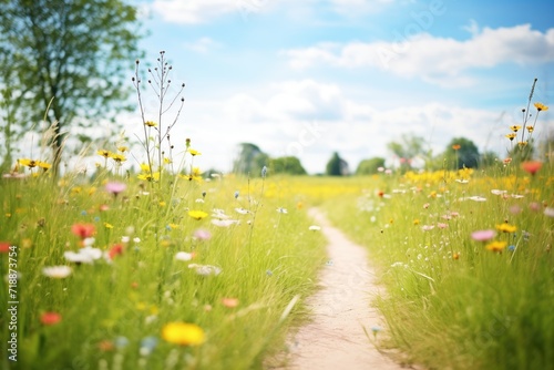 path through wildflower meadow under sunny skies