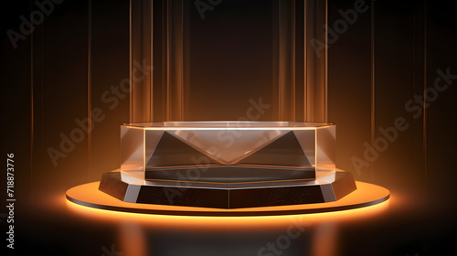 A black and gold poster with a round podium in the middle,, Empty gold podium for product presentation with gold neon triangles around in fog, 3d realistic vector illustration 