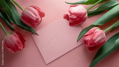 Composition of pink tulips, ribbons, blank card on a pink background. Tulips spring bouquet.