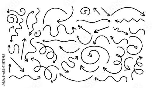 Hand drawn crayon chalk charcoal line arrows set. curvy and wavy arrows isolated on white. Group of squiggles and scribbles strokes. Elements for diagrams. doodle marker