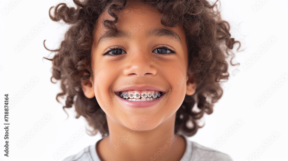 portrait of smiling child boy with braces on teeth. Bite correction, orthodontist, health, medicine, dentistry portrait of smiling child boy with braces on teeth. Bite correction, orthodontist, health, medicine, dentistry