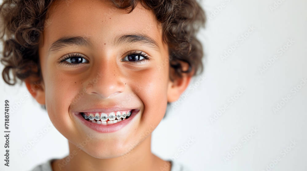 portrait of smiling child boy with braces on teeth. Bite correction, orthodontist, health, medicine, dentistry portrait of smiling child boy with braces on teeth. Bite correction, orthodontist, health, medicine, dentistry