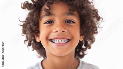 portrait of smiling child boy with braces on teeth. Bite correction, orthodontist, health, medicine, dentistry