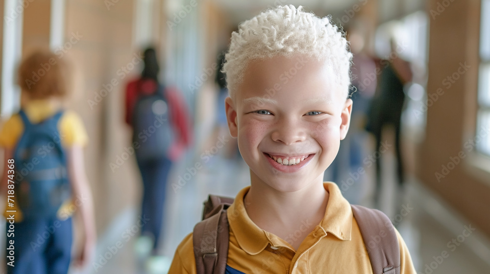 Smiling albino boy looking at camera while standing in school hallway ...