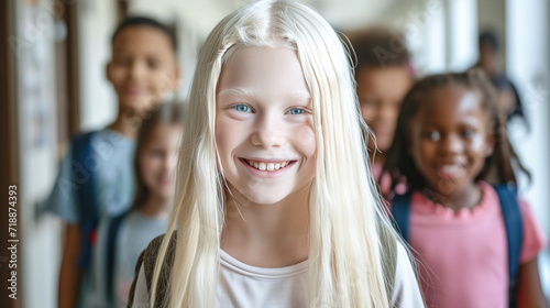 Lovely albino girl smiling and looking at camera while standing in school hallway. People individually, self acceptance.  photo