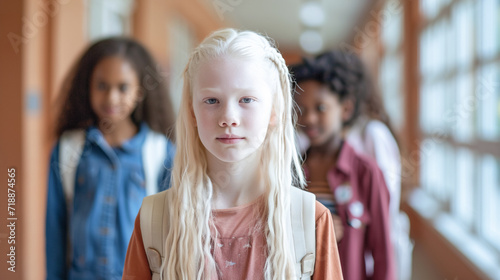 child albino with white hair and very white skin in school, personality and individuality of people, bullying at school. photo
