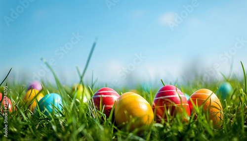 Banner Happy Easter holidays background, decorated eggs on green grass under blue cloudy sky. Eggs hunting on lawn, Easter games on green field with grass blades banner with copy space. Happy Easter 