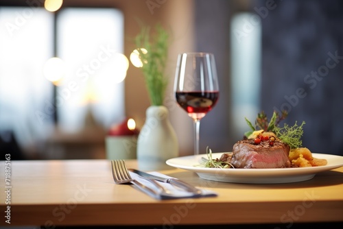 wine and dine setting with a glass of burgundy  steak