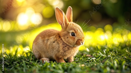 Lovely bunny easter fluffy baby rabbit eating green grass with a basket full of colorful easter eggs on green garden nature with flowers background on warming day