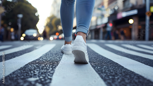 Close-up photo of woman s legs from behind. The person crosses the road at pedestrian crossing
