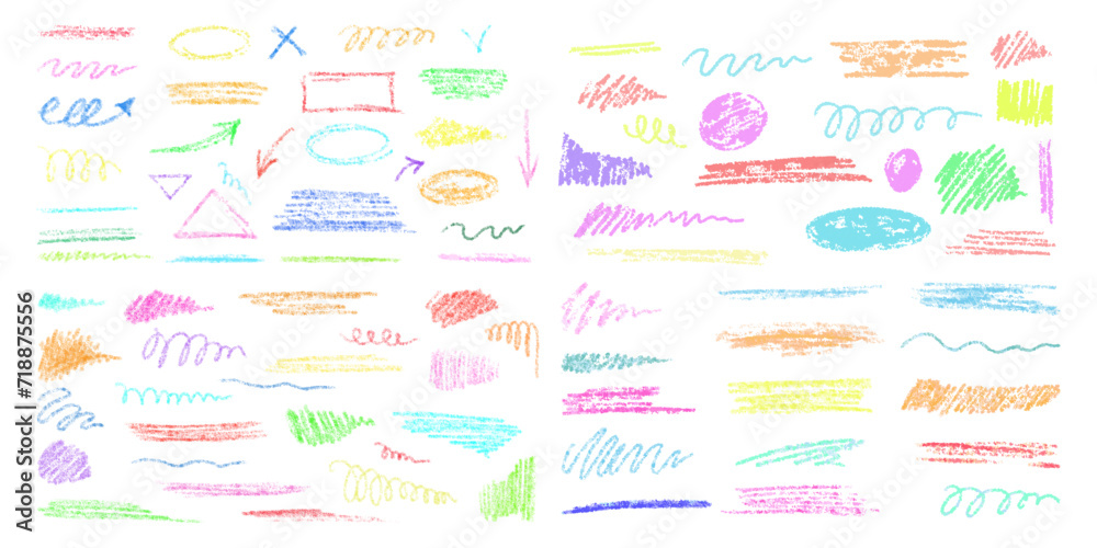 Hand-drawn underlining elements, brush with crayon effect, chalk texture. Chalk stroke for highlighting. Vector illustration in children's style. Crayon brush colored underline.