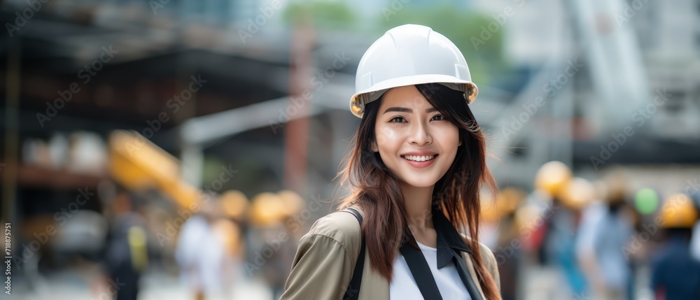 engineer woman wearing helmet and uniform in  building construction site background