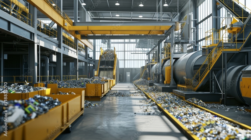 A modern ecological waste processing plant, with advanced machinery sorting recyclables A modern ecological waste processing plant, with advanced machinery sorting recyclables