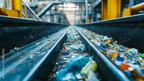 Close-up of a recycling conveyor belt at a modern ecological plant, separating and processing different materials