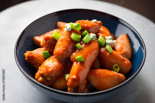 A bowl of spicy buffalo wings with celery and blue cheese