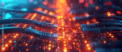 Web banner of glowing data cables transferring information inside computer server  internet connection concept