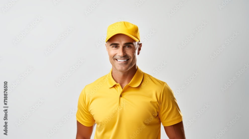 Delivery man employee in yellow cap and yellow uniform