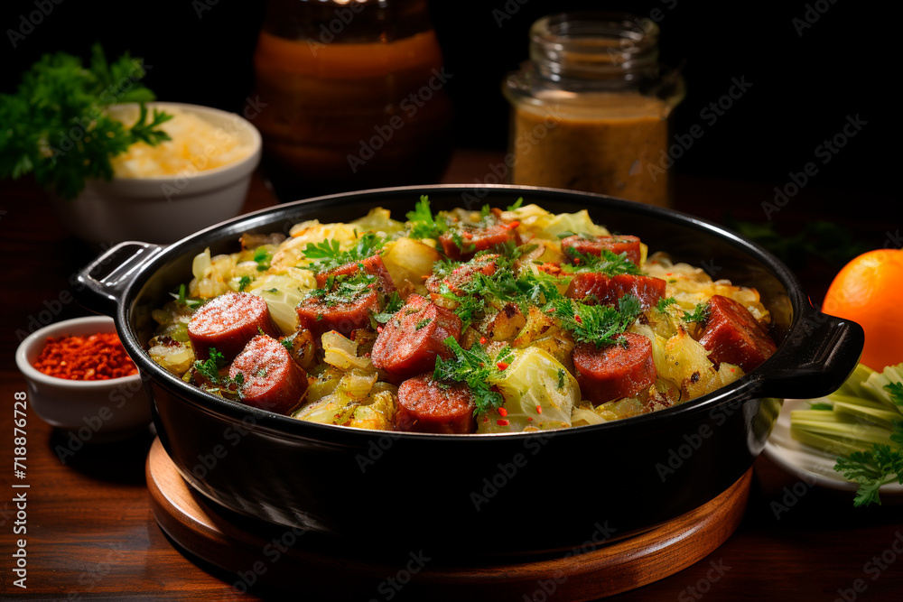 Stewed cabbage with sausages in a clay bowl. Generative AI. Stewed cabbage with sausages in a clay bowl. Generative AI.
