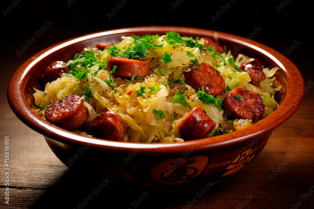 Stewed cabbage with sausages in a clay bowl. Generative AI. Stewed cabbage with sausages in a clay bowl. Generative AI.