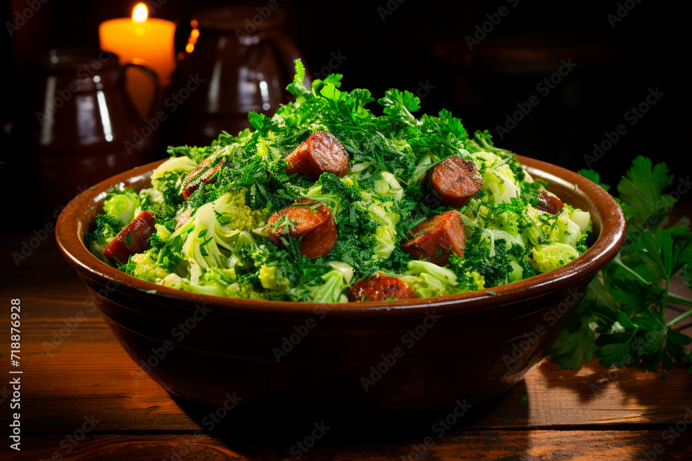 Stewed cabbage with sausages in a clay bowl. Generative AI.