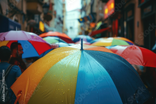 colorful umbrella open in the crowded street on the street