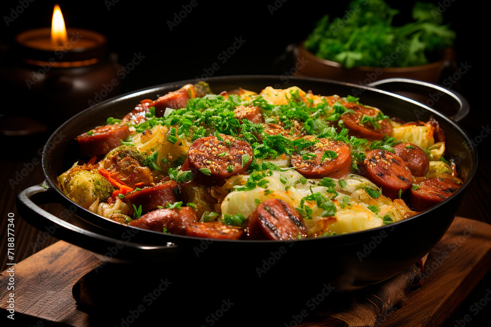 Stewed cabbage with sausages in a clay bowl. Generative AI.