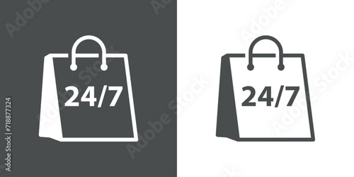 Servicio de tienda las veinticuatro horas. Logo con palabra 24/7 en bolsa de la compra de papel