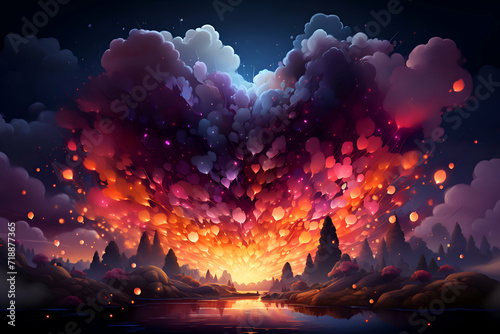 Fantasy landscape with fire and smoke in the night. illustration.