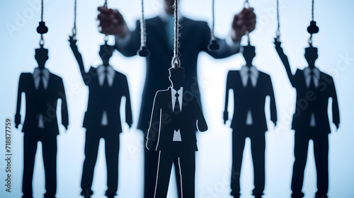 Businessman in the background pulls the strings of his puppets. Business and team management concept