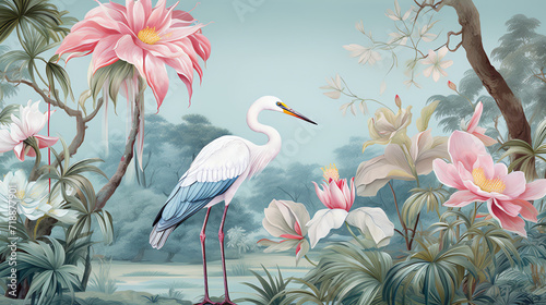 Botanical chinoiserie background with crane bird. AI generated image.