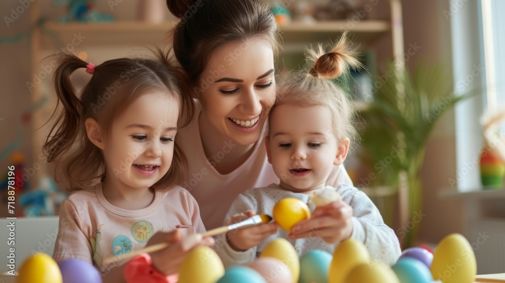 Happy family mother and child painting easter eggs for easter Happy family mother and child painting easter eggs for easter