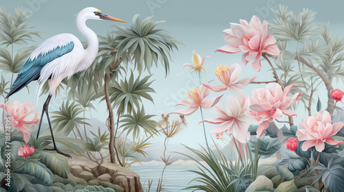 Botanical chinoiserie background with crane bird. AI generated image.