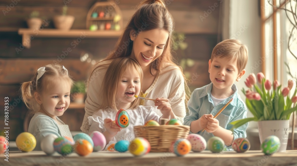 Happy family mother and child painting easter eggs for easter Happy family mother and child painting easter eggs for easter
