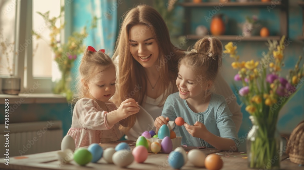 Obraz premium Happy family mother and child painting easter eggs for easter